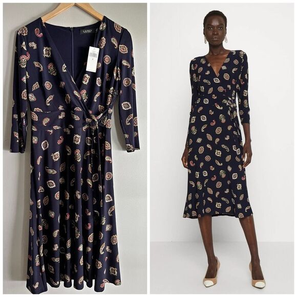 Lauren Ralph Lauren Dresses & Skirts - Lauren Ralph Lauren Navy Paisley Midi Dress Size 6 NWT Faux Wrap Stretch Knit